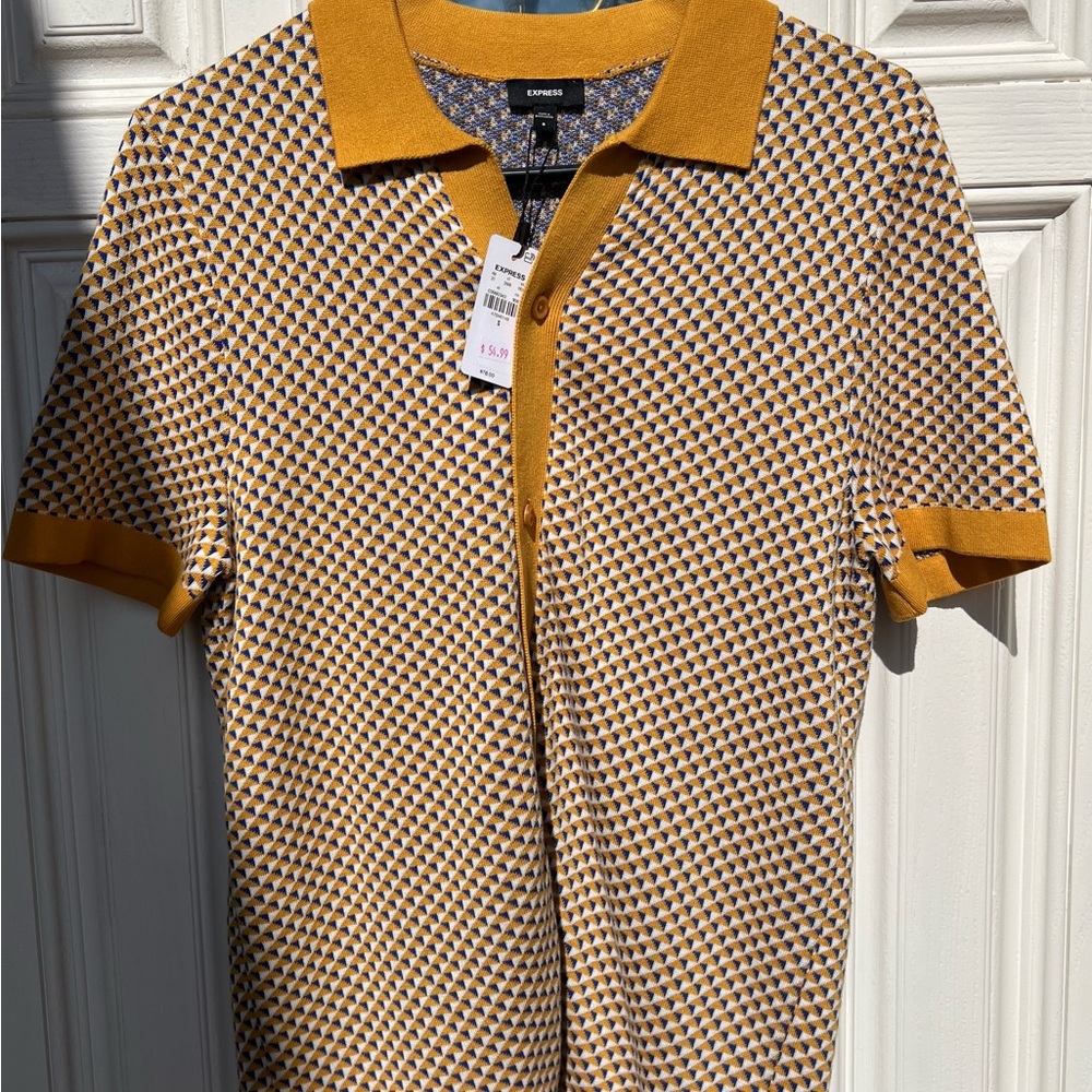 Express Men's Mustard and Blue Geometric Shirt